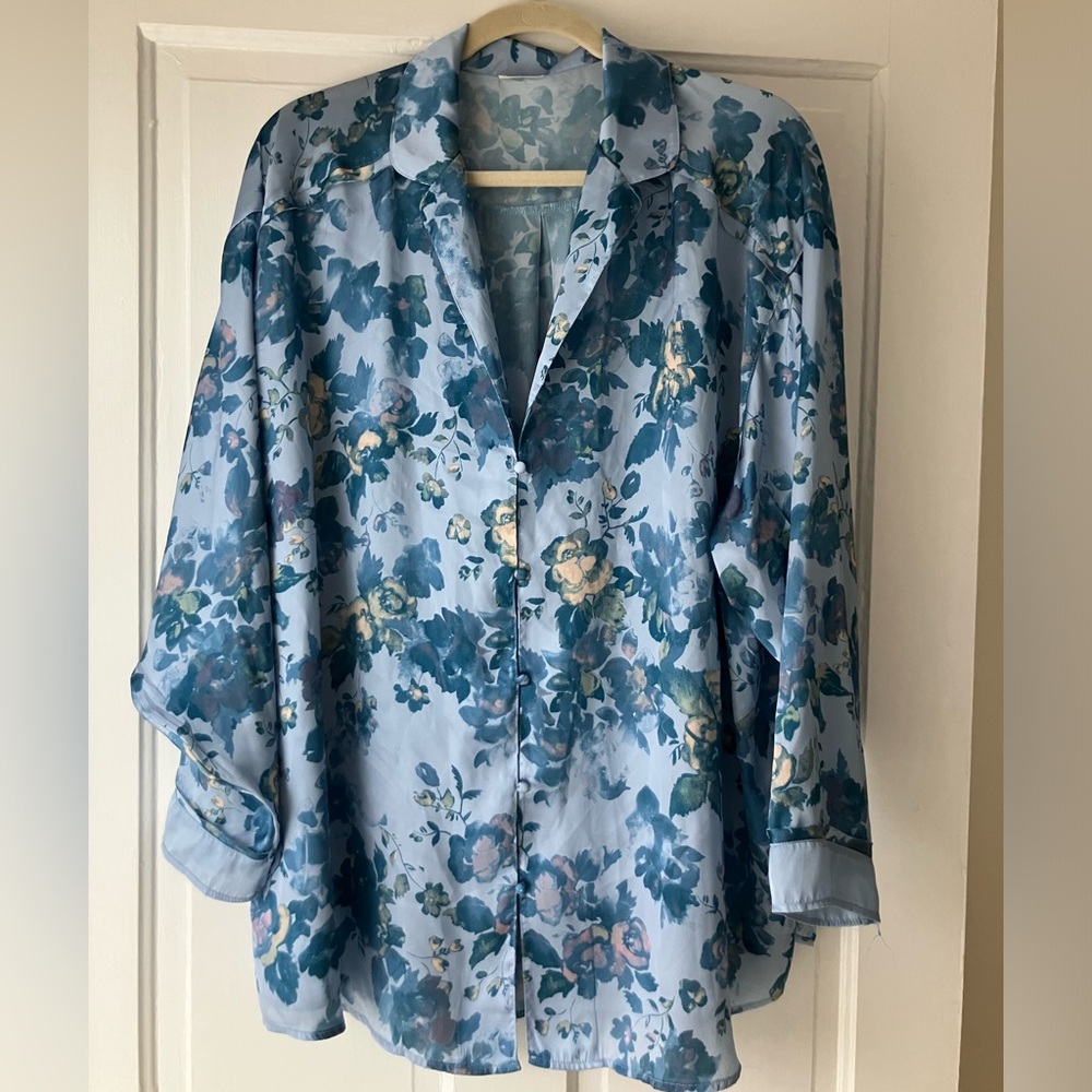 Free People Satin Blue Floral Pajama Set Women’s Large